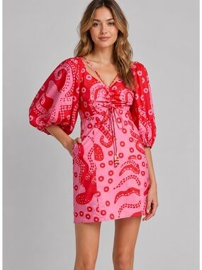 FARM Rio Octocool Mini Dress Red Pink Abstract Print Puff Sleeve Pockets NWT Sma